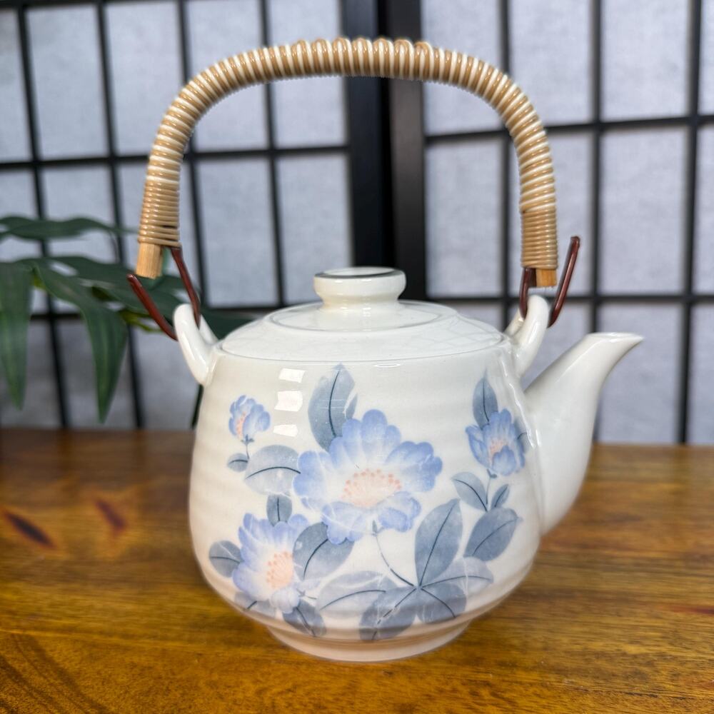 Vintage Japanese Teapot Kettle Blue Flowers